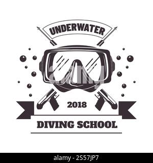 Underwater diving school 2018 logotype with mask and special weapon for sharks. Extremal hobby promotional emblem. Sea bottom exploration club logo isolated monochrome flat vector illustration.. Underwater diving school 2018 logotype with mask and weapon Stock Vector