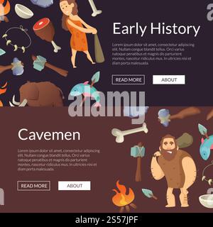 Vector color cartoon cavemen horizontal web banners and poster stone age illustration. Vector cavemen banners and poster stone age illustration Stock Vector