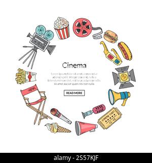 Vector cinema doodle icons in circle form with place for text in center illustration. Vector cinema doodle icons in circle form illustration Stock Vector