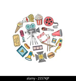 Vector cinema doodle icons in circle shape illustration isolated on white. Vector cinema doodle icons in circle shape illustration Stock Vector