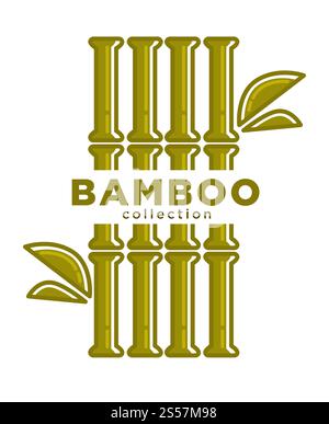 Green exotic Chinese bamboo collection. Decorative plant in shape of long hollow tube with leaves. Indoor natural unusual adornment isolated cartoon flat vector illustration on white background.. Green exotic Chinese bamboo collection isolated cartoon illustration Stock Vector