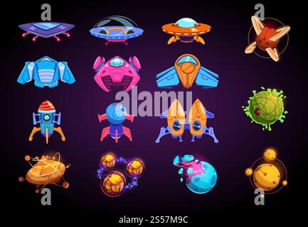 Cartoon vector fantastic ufo, spaceships and rockets vector. Set of ...