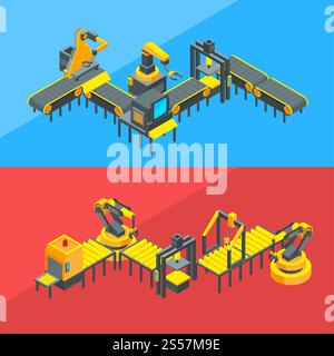 Vector set banners with color isometric conveyor elements concept illustration. Vector isometric conveyor elements concept illustration Stock Vector
