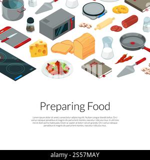 Vector cooking food isometric objects background with place for text illustration. Vector cooking food isometric objects illustration Stock Vector