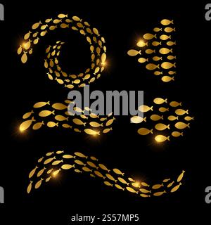 Groups of swimming fishes isolated vector set. Golden fishes group in abstract form on black background illustration. Groups of swimming fishes isolated vector set. Golden fishes on black background Stock Vector
