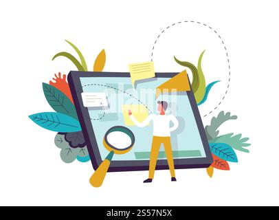 Tablet with memos, person and magnifying glass vector. Human zooming info on gadget screen, writing on sticker short note. Chatting and communication of man in internet, foliage and leaves decor. Tablet with memos, person and magnifying glass vector Stock Vector