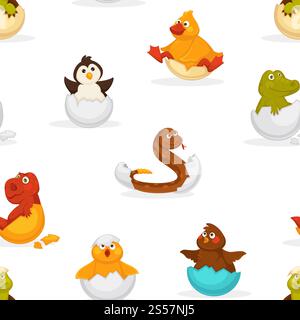 Animals born from eggs, eggshells and reptiles seamless pattern vector. Fluffy chicken, penguin and dragon, snake and alligator sitting in shell. Small newborn creatures , serpent and hen hatching. Animals born from eggs, eggshells and reptiles seamless pattern vector. Stock Vector
