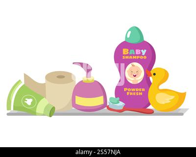 Family bathroom shelf with shampoo, toilet paper, teeth brush isolated on white background. Vector illustration. Bathroom shelf with shampoo bottle, toilet paper Stock Vector