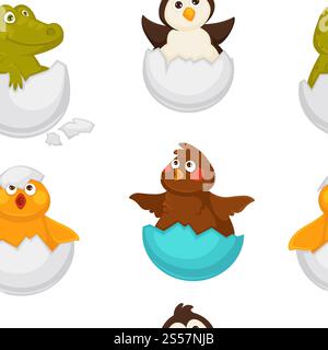 Animals born from eggs, eggshells and reptiles seamless pattern vector. Fluffy chicken, penguin and dragon, snake and alligator sitting in shell. Small newborn creatures , serpent and hen hatching. Animals born from eggs, eggshells and reptiles seamless pattern vector. Stock Vector