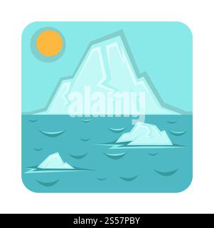 Global warming problem icon with glaciers that melt and rise water level in world ocean. Natural disaster caused by human actions isolated cartoon vector illustration in square on white background.. Global warming problem icon with glaciers that melt Stock Vector