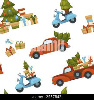 Merry Christmas winter holiday celebration and preparation seamless pattern isolated on white background. Car and scooter driving with presents vector. Pine decorated with balls and garlands. Merry Christmas winter holiday celebration and preparation seamless pattern isolated on white background. Stock Vector