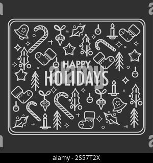 Happy holiday of Christmas, sketch of symbols vector. Candy lollipop, gingerbread cookies and homemade pastry. Sock with presents, candle and fir images, snowflakes and mistletoe plant leaves. Happy holiday of Christmas, sketch of symbols vector Stock Vector