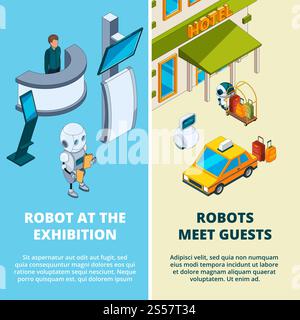 Concept illustrations with various robots assistant. Robot help to exhibition and hotel, equipment device innovation vector. Concept illustrations with various robots assistant Stock Vector