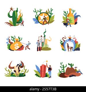 Cowboy western person with gun shooting set vector. Cactus plant, skull of bull and hat with horseshoe. Horse and man looking for wanted bandit criminal. Bottle with liquid and bag with dollar money. Cowboy western person with gun shooting set vector Stock Vector