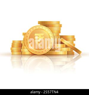 Gold rupee coins. Indian money, stacked golden coins. Rupee cash, currency isolated on white background vector icons. Money gold currency, cash wealth golden rupee illustration. Gold rupee coins. Indian money, stacked golden coins. Rupee cash, currency isolated on white background vector icons Stock Vector