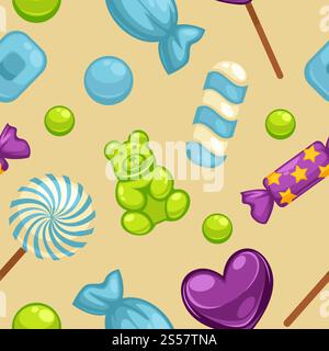 Delicious sweet candies in bright covers and lollipops in shape of cute hearts, striped cane and small teddy in seamless pattern isolated cartoon flat vector illustrations set inside squares.. Delicious sweet candies in bright covers and lollipops in shape of cute hearts, striped cane and small teddy in seamless pattern isolated Stock Vector