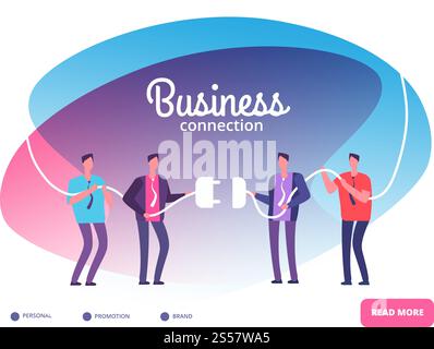Business teams connect plug. Businessmen connecting connectors. Cooperation and team growth vector concept. Connect work team people, communication and partnership teamwork illustration. Business teams connect plug. Businessmen connecting connectors. Cooperation and team growth vector concept Stock Vector