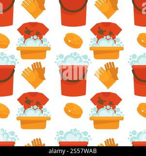 Cleaning service, tools and instruments seamless pattern vector. Chores gloves and liquid to wash plates poured in plastic bottle. Vacuuming and hoovering, mopping floor with duster and mop.. Cleaning service, tools and instruments seamless pattern vector Stock Vector