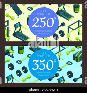 Vector isometric gym objects discount or gift card voucher templates illustration. Sport and fitness banners. Vector gym discount. Sport and fitness banners Stock Vector