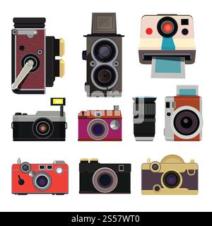 Retro photo cameras. Illustrations in cartoon style isolate. Collection of camera equipment, photography professional device vector. Retro photo cameras. Illustrations in cartoon style isolate Stock Vector