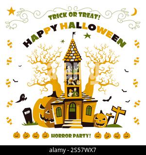 Happy Halloween horror party, haunted house with trees vector. Home with zombies having fun, flying bats and pumpkins with carved faces. Cemetery graveyards with tombs and gravestones, invitation. Happy Halloween horror party, haunted house with trees Stock Vector