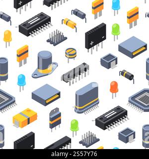 Vector isometric microchips and electronic parts icons pattern or background illustration. Microchip hardware, integrated tech seamless background. Vector isometric microchips and electronic parts icons pattern or background illustration Stock Vector