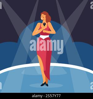 Woman singing sing with microphone standing on stage. Vector pop star singer in red dress with performance spotlight background. Woman singing sing with microphone standing on stage. Stock Vector