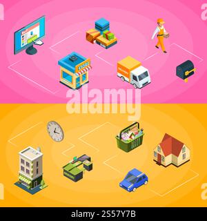 Banner and poster vector isometric online shopping icons infographic concept illustration. Vector isometric online shopping icons infographic concept illustration Stock Vector