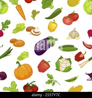 Vegetables aubergine and pumpkin set seamless pattern vector. Broccoli and cauliflower, pepper paprika and parsley greenery. Tomato and mushroom slice, chilli and carrot with leaves, onion pea. Vegetables aubergine and pumpkin set seamless pattern vector Stock Vector