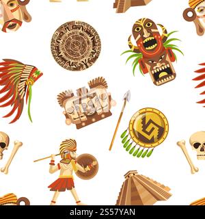Maya traditional attributes and ancient priceless relics seamless pattern. Old pyramids, sharp spear, solid shield, authentic headdress, human skull, wooden totem and archaeological finds vector illustrations.. Maya traditional attributes and ancient priceless relics seamless pattern. Stock Vector