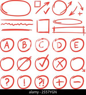 Exam marks and notes for learn testing. Red grade results mark for test school check. Vector illustration. Exam marks and notes for learn testing. Red grade results Stock Vector
