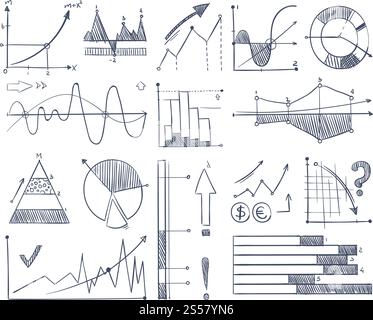Business charts and diagrams set in doodle style. Vector pictures. Graph and diagram, chart data infographic illustration. Business charts and diagrams set in doodle style. Vector pictures Stock Vector