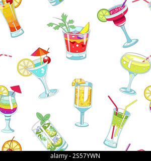 Cocktails with straws and slices seamless pattern vector. Alcoholic drinks and beverages, umbrella as decoration, mint and orange, lemon piece. Martini and lime, refreshing liquids in summer. Cocktails with straws and slices seamless pattern vector. Stock Vector