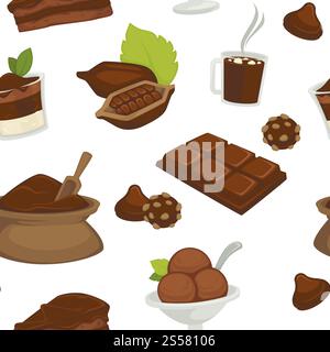 Chocolate products, beans with leaf and powder in bags vector. Bowl with candies, sweets made of cocoa ingredient, hot beverage and dark choc bar. Warm coffee beverage with unique aroma taste. Chocolate products, beans and powder in bags vector Stock Vector
