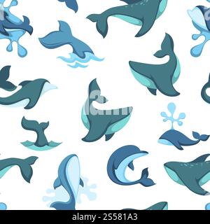 Dolphin fishes with funny character swimming in water vector. Wildlife of marine and ocean dwellers, playful animal splashing sea drops. Friendly creature with fins and flippers seamless pattern. Dolphin fishes with funny character swimming in water vector Stock Vector