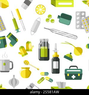Medicine pills in blister and drops seamless pattern vector. Treatment methods and care, pipette and syringe for shots and injections. Health and medical care for patients. Tea and garlic vitamins. Medicine pills in blister and drops seamless pattern vector. Stock Vector