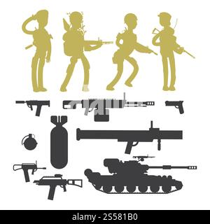 Silhouettes of military soldiers, ammunition, guns and weapons isolated on whiye background vector collection illustration. Silhouettes of military soldiers, ammunition, guns and weapons isolated vector collection Stock Vector