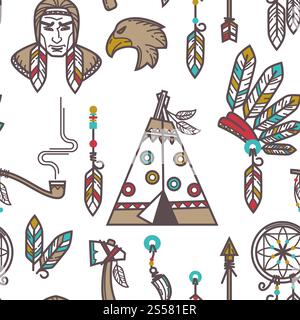Native American Indians traditional culture symbols pattern background. Vector seamless design of Indigenous household and tribal icons wigwam hut, tomahawk weapon tools and smoking pipe. Native American Indians traditional culture symbols pattern background. Stock Vector