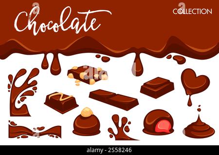 Chocolate dripping splash drops and confectionery desserts of truffle candy bars and confections. Vector icons of sweet choco fondant or cocoa pastry products with nut or cream filling. Chocolate dripping splash drops and confectionery desserts of truffle candy bars and confections. Stock Vector