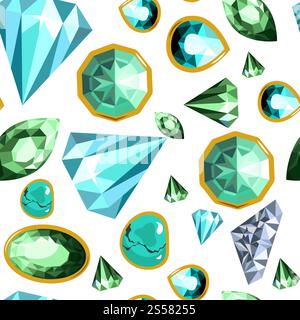 Gems and diamonds, precious stones seamless pattern vector. Crystal wealthy products in gold frames, jewellery items, fashionable and expensive objects. Sparkling karats and facets of gemstones. Gems and diamonds, precious stones seamless pattern vector Stock Vector