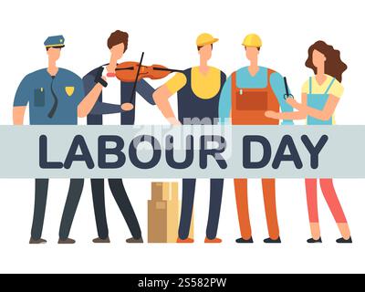 Labour Day banner with cartoon professionals isolated on white background. Vector worker job, artist and workman, police and contractor illustration. Labour Day banner with cartoon professionals isolated on white background Stock Vector