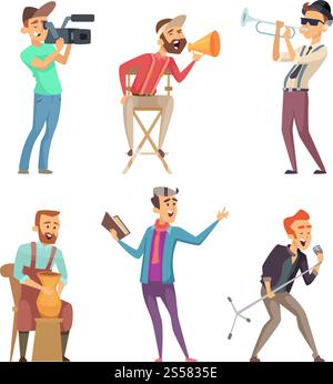 Funny creative characters isolate on white background. Musician and sculptor, sculpting and playing. Vector illustration. Funny creative characters isolate on white background Stock Vector