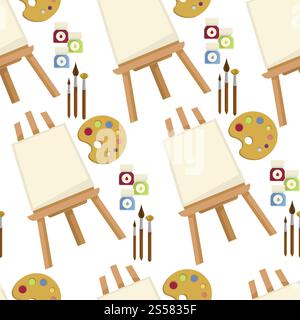 Easel canvas and painting brush with palette vector. Seamless pattern with artistic tools and instrument to paint pictures. Variety of equipment to make perfect stoke on new drawing art work. Easel canvas and painting brush with palette vector Stock Vector