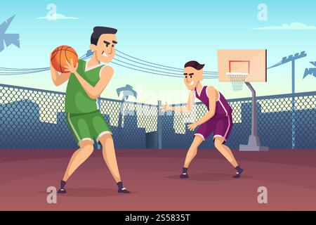 Background illustrations of basketball players playing on the court. Streetball sport game, player team vector. Background illustrations of basketball players playing on the court Stock Vector
