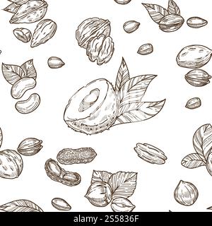 Delicious nutritious nuts full of vitamins and minerals isolated cartoon flat vector illustrations inside seamless pattern on white background. Natural food with healthy fats in endless texture.. Delicious nutritious nuts full of vitamins and minerals isolated cartoon flat vector Stock Vector