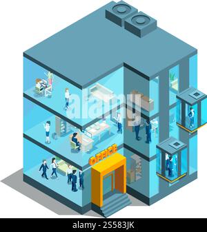 Business building with glass offices and elevators. Isometric architectural vector 3d illustration. Office glass business, architecture building facade. Business building with glass offices and elevators. Isometric architectural vector 3d illustration Stock Vector