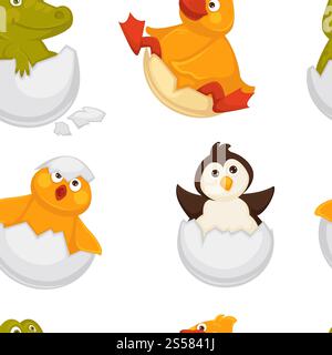 Animals born from eggs, eggshells and reptiles seamless pattern vector. Fluffy chicken, penguin and dragon, snake and alligator sitting in shell. Small newborn creatures , serpent and hen hatching. Animals born from eggs, eggshells and reptiles seamless pattern vector. Stock Vector