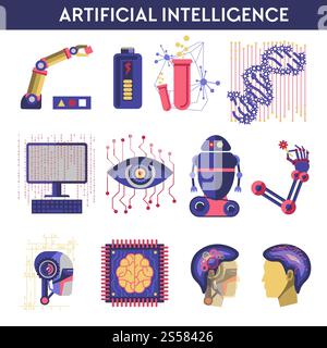 Artificial intelligence vector illustration of robot human mind, future computer digital brain science and innovation technology machines. Symbols of dna, microchip processor in eye, cyborg hand and head. Artificial intelligence vector illustration of robot human mind Stock Vector