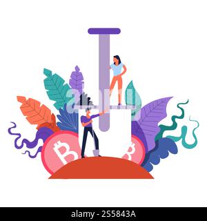 Mining of virtual bitcoin cryptocurrency digital tokens vector. People with big spade tool, foliage with decorative leaves. Investment and getting profit, earning income from new technologies. Mining of virtual bitcoin cryptocurrency digital tokens vector Stock Vector