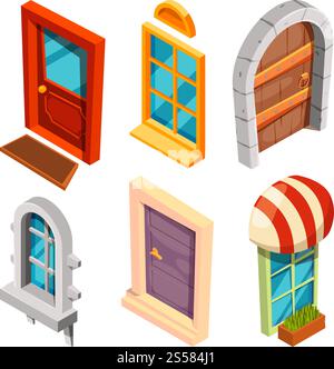 Isometric doors and windows. Vector architecture entrance, modern window and doorway illustration. Isometric doors and windows Stock Vector